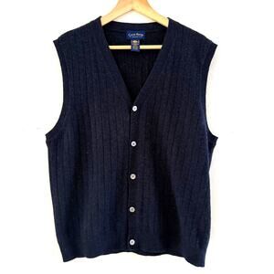 Mens Navy Blue Ribbed Grandpa Button Sweater Vest Large Lambswool Preppy Coastal